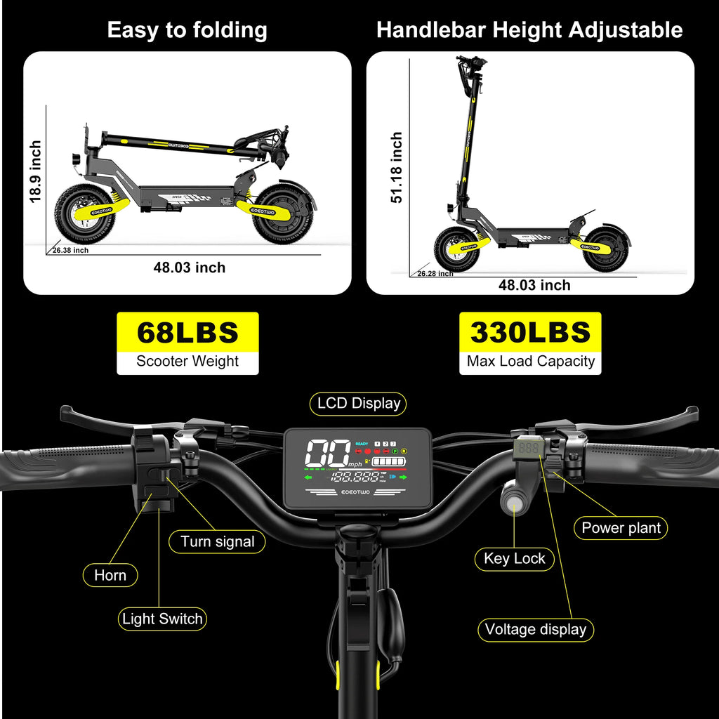 EOEOTWO 1200W Off-Road Electric Scooter – 48V, 30MPH, 11" Tubeless, Foldable