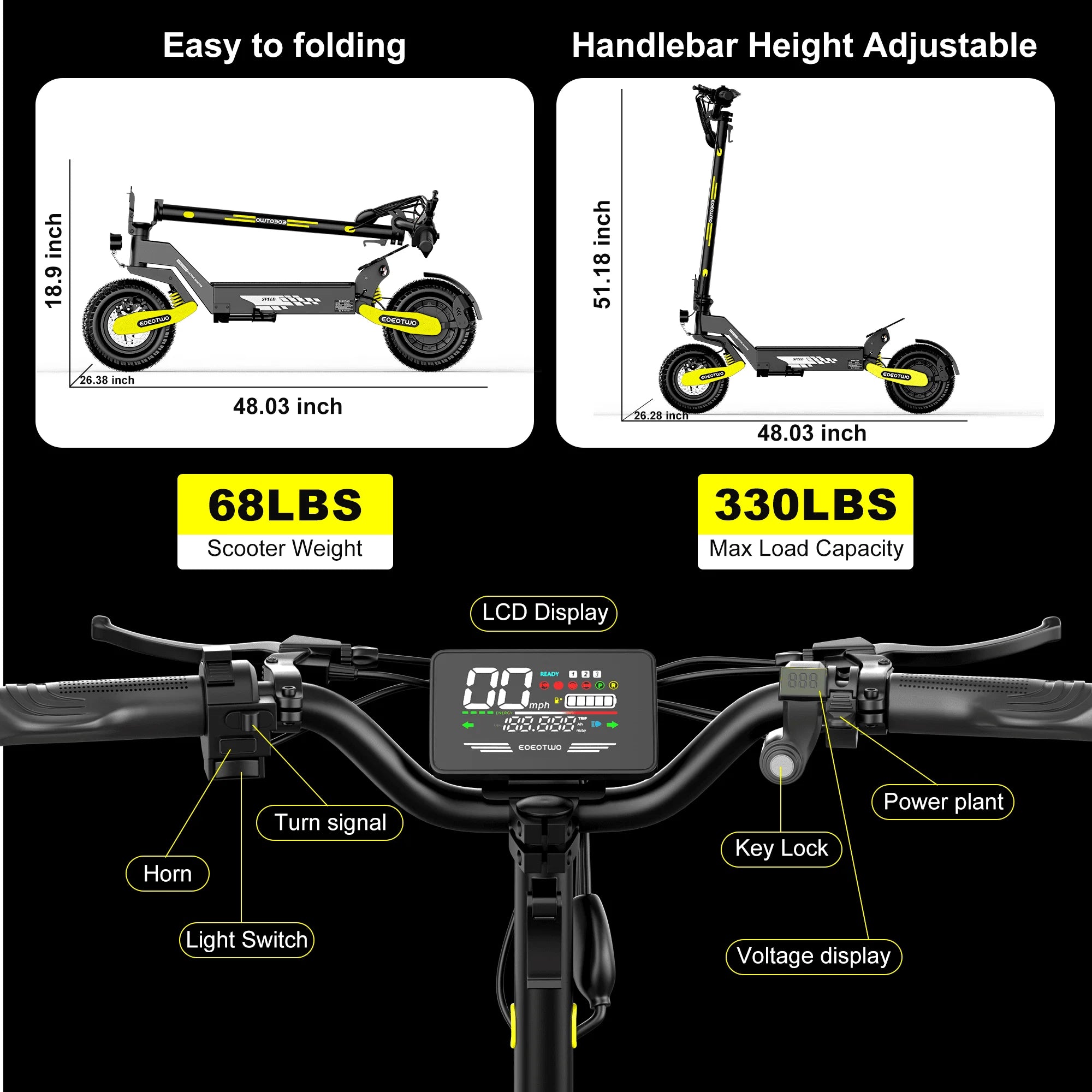 EOEOTWO 1200W Off-Road Electric Scooter – 48V, 30MPH, 11" Tubeless, Foldable