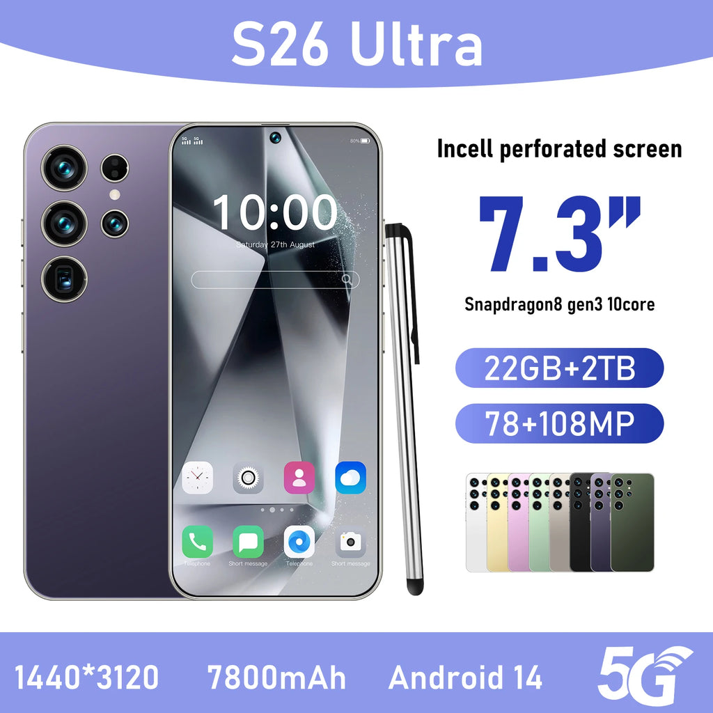 S26 Ultra 5G Smartphone – 22GB+2TB, 7.3" 144Hz, 108MP, Android 14