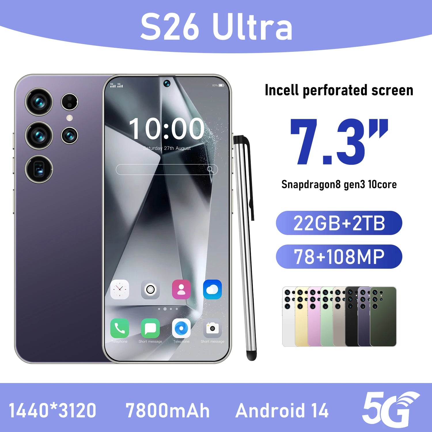 S26 Ultra 5G Smartphone – 22GB+2TB, 7.3" 144Hz, 108MP, Android 14