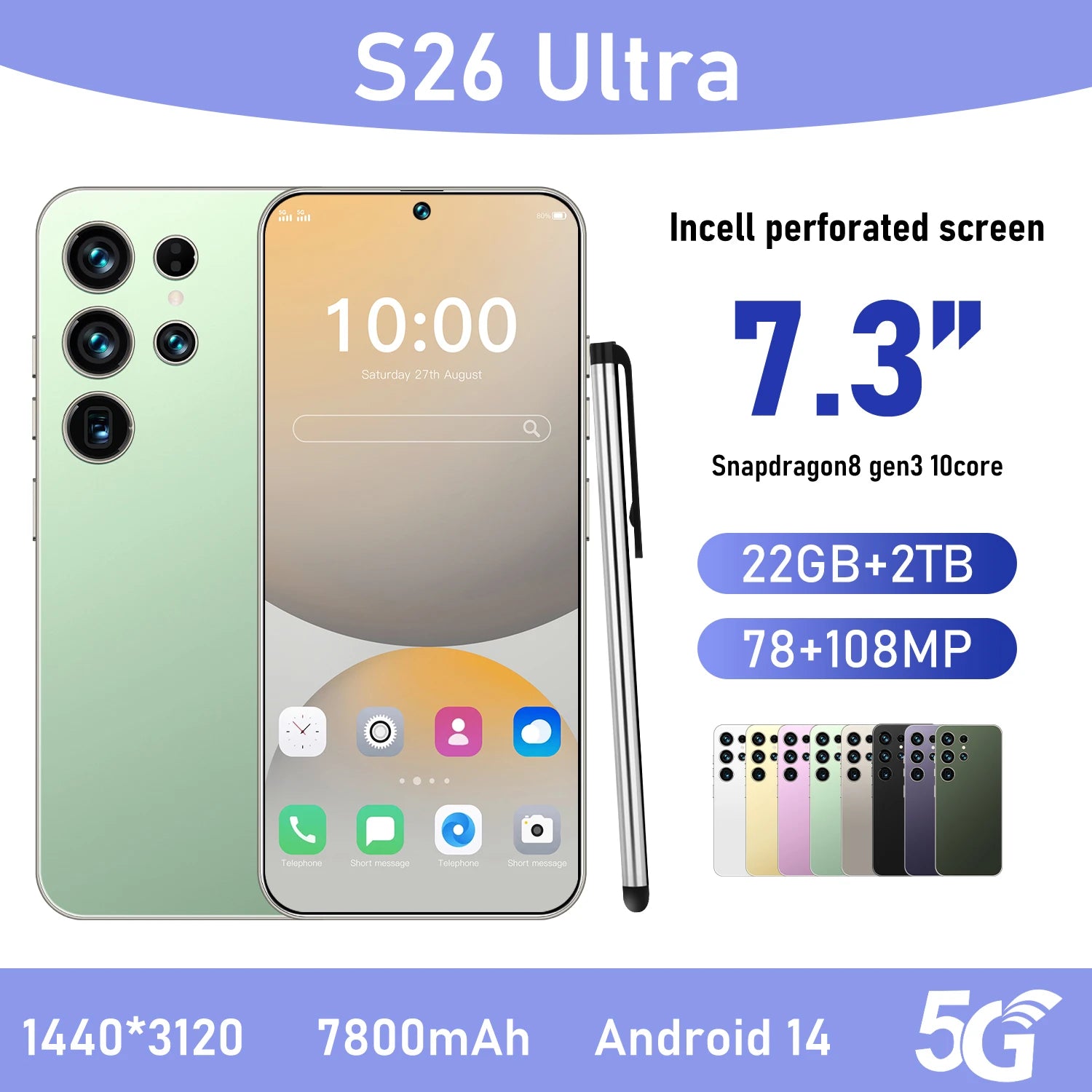 S26 Ultra 5G Smartphone – 22GB+2TB, 7.3" 144Hz, 108MP, Android 14