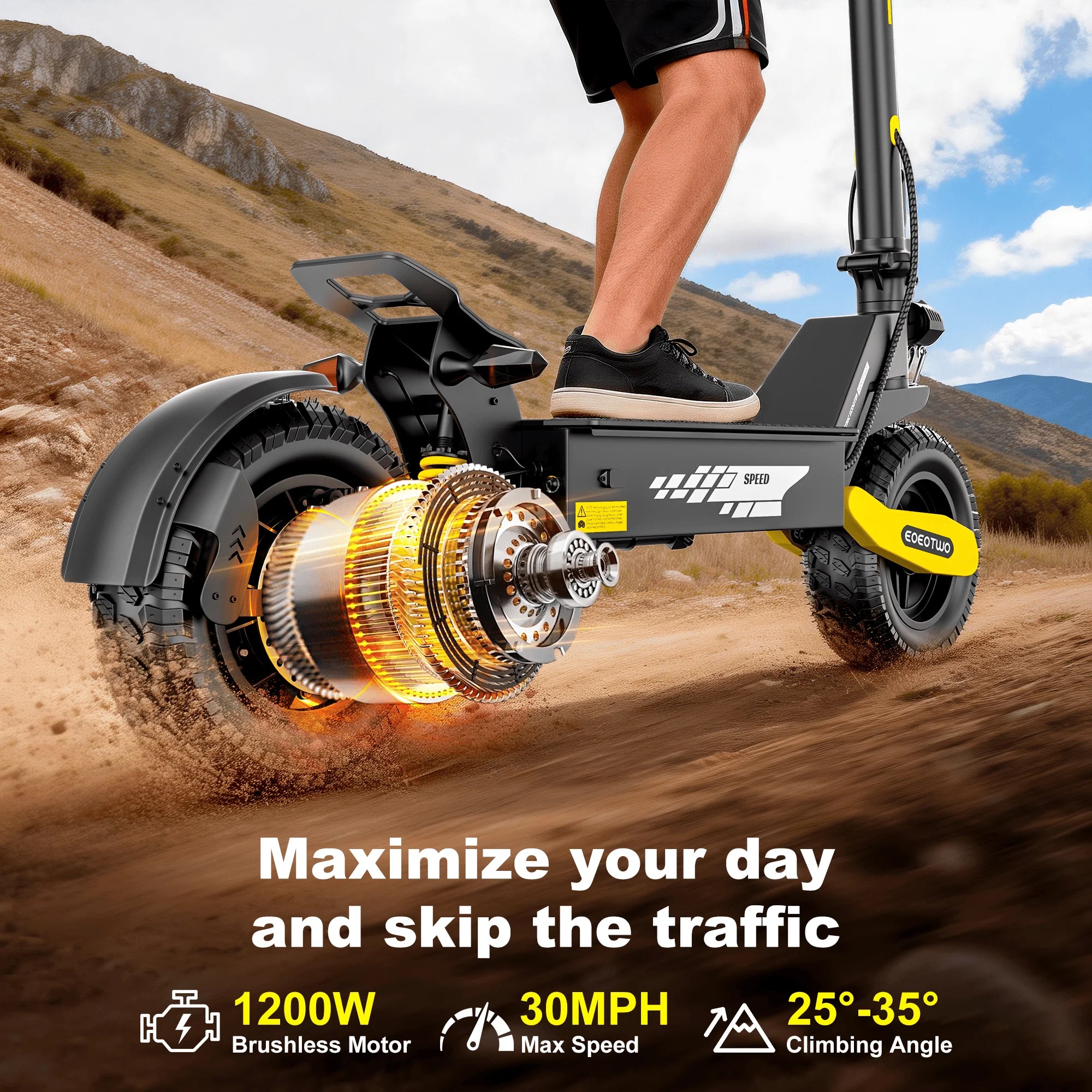 EOEOTWO 1200W Off-Road Electric Scooter – 48V, 30MPH, 11" Tubeless, Foldable