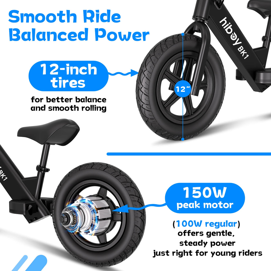 Hiboy BK1 Kids Electric Balance Bike 12 Inch, 5.6/9mph Speed, Adjustable Seat, 4.9 Miles Range for Ages 3-5