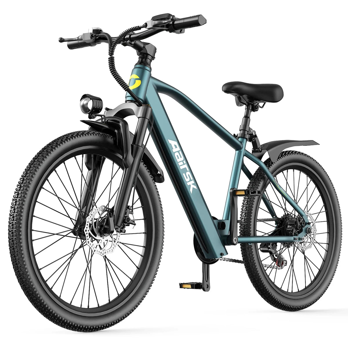 A teal and black Aermak electric mountain bike with a front headlight, fenders, and a black saddle, shown on a clean white background.