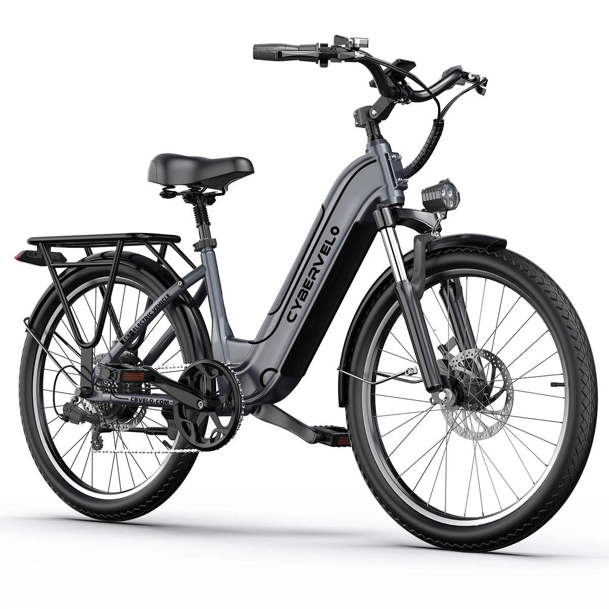 Gray electric bicycle with black accents on a white background