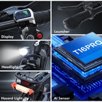 Collage of motorcycle components with labels and a close-up of a T16PRO chip.