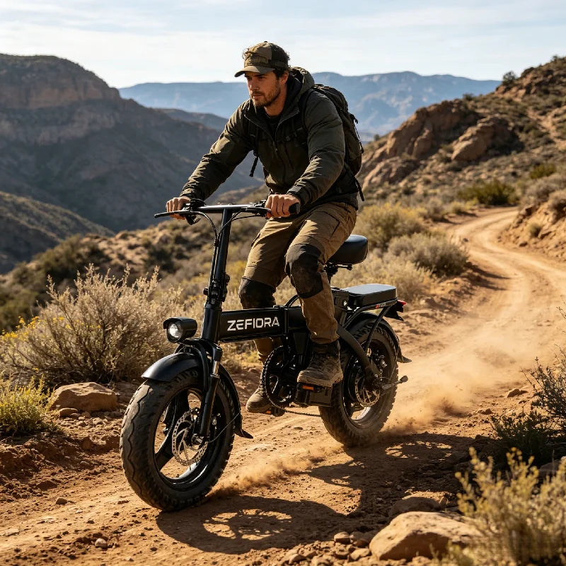 A man rides a black Zefidora electric dirt bike on a dusty trail in a desert canyon landscape.