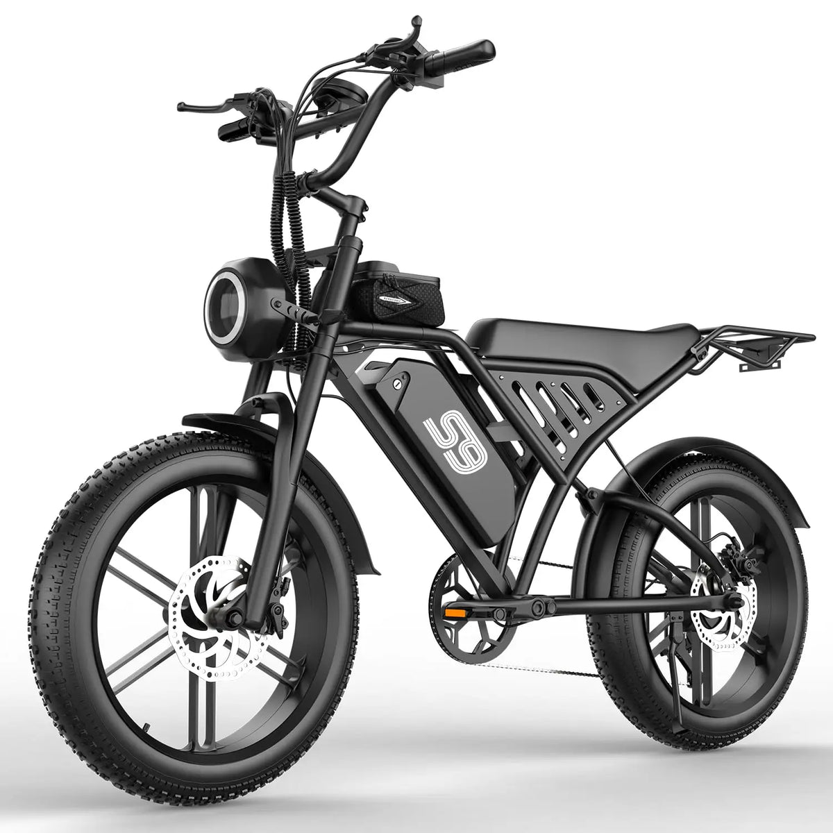 A matte black electric fat-tire bicycle with a sleek frame, front headlight, rear rack, and a large white stylized 'S' logo on the battery housing, shown on a clean white background.