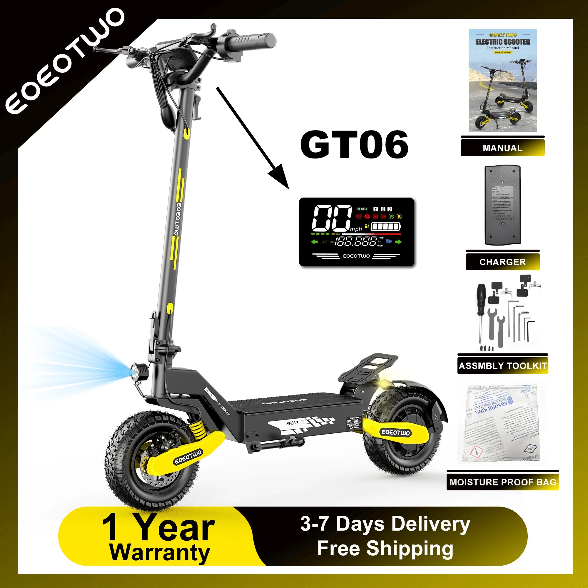EOEOTWO 1200W Off-Road Electric Scooter – 48V, 30MPH, 11" Tubeless, Foldable