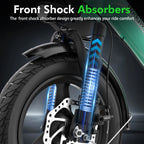 Bicycle front shock absorber with blue accents on a dark background