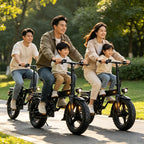 A family of four rides four black electric bicycles on a paved path in a sunny park. The adults and children are smiling and appear to be enjoying a pleasant outdoor ride together.
