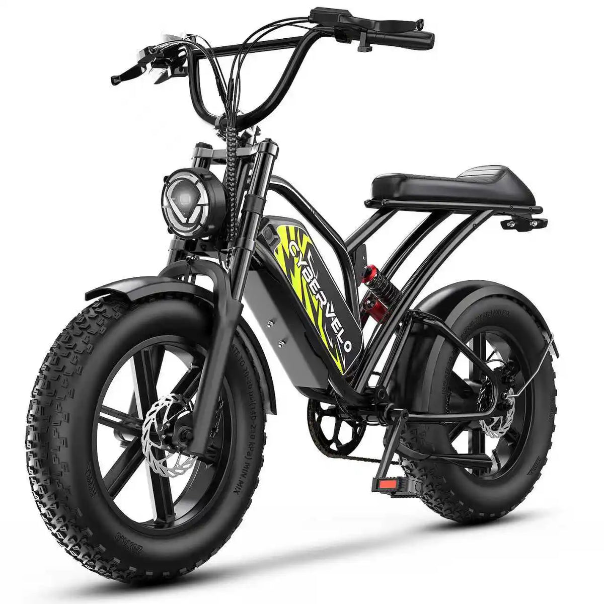 Black electric bike with visible branding on a white background