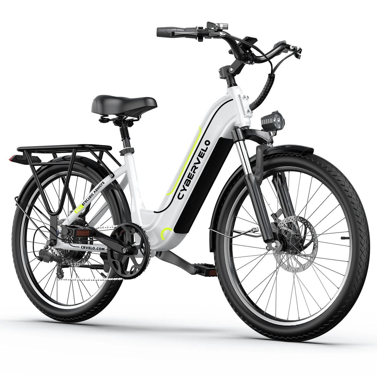 A white and black Cybervelo electric bicycle with a rear cargo rack, front suspension, and a headlight, shown on a clean white background.