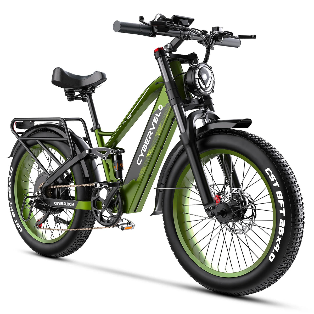 Green electric bike with black frame on a white background