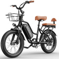 Black electric bike with brown seat and basket on a white background