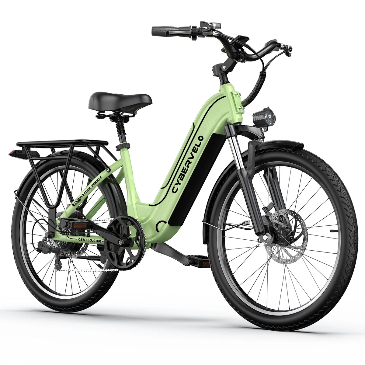 Green electric bike with black frame and components on a white background