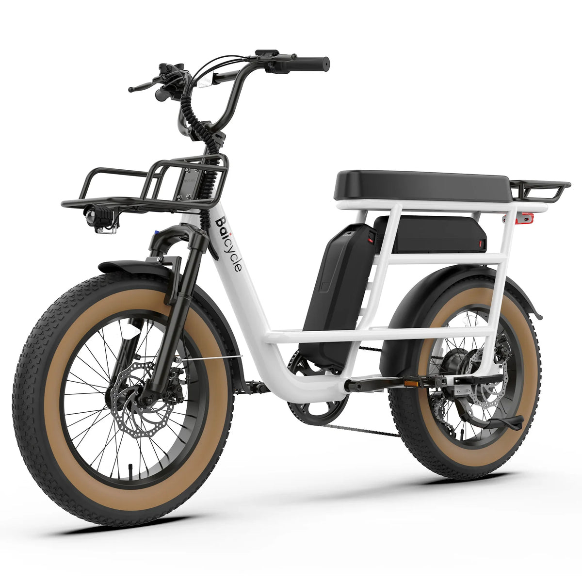 A white and black step-through electric bicycle with fat tires, tan sidewalls, a black rear cargo seat, and a visible 'Bocycle' brand name on the frame, shown on a clean white background.