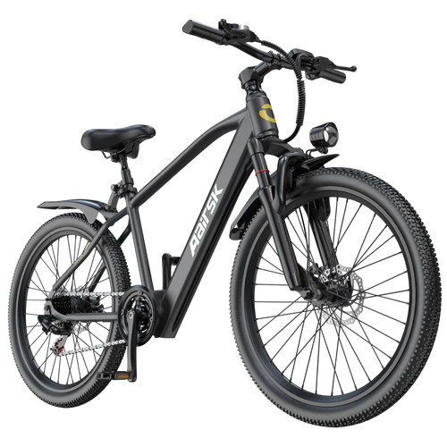 A matte black electric mountain bike with fat tires, a front suspension fork, a headlight, and a visible 'AFRISK' brand logo on the frame, isolated on a white background.