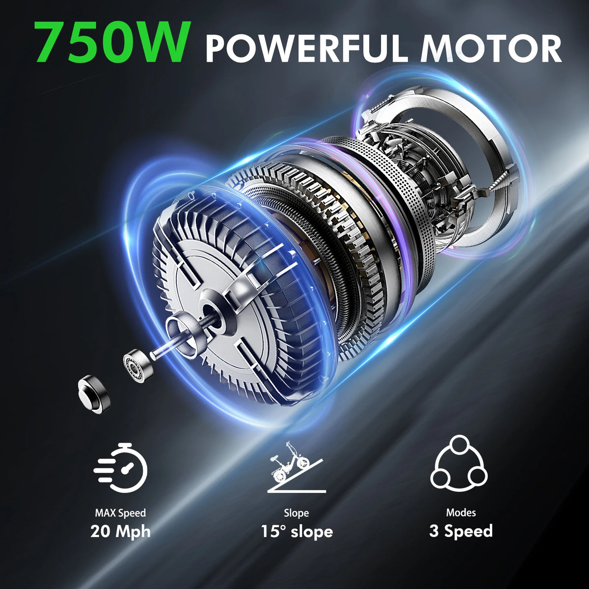 750W powerful motor with specifications on a dark background