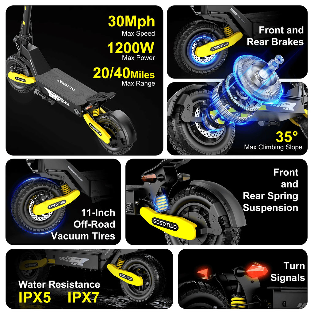 EOEOTWO 1200W Off-Road Electric Scooter – 48V, 30MPH, 11" Tubeless, Foldable