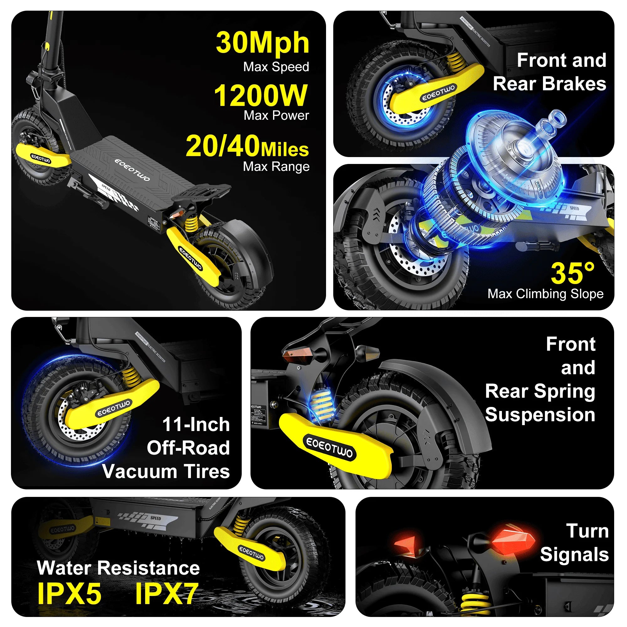 EOEOTWO 1200W Off-Road Electric Scooter – 48V, 30MPH, 11" Tubeless, Foldable