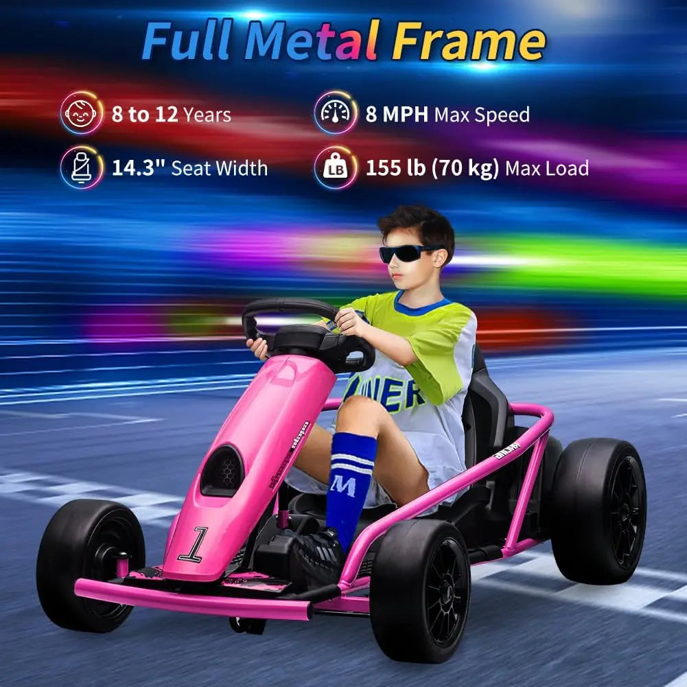 24V Go Kart Car for Kids 9Ah Battery 2 x 300W Motors 8.1Mph Fast Speed Drifting Circling Riding Racing Car Max Load 155Lbs 3-11Y