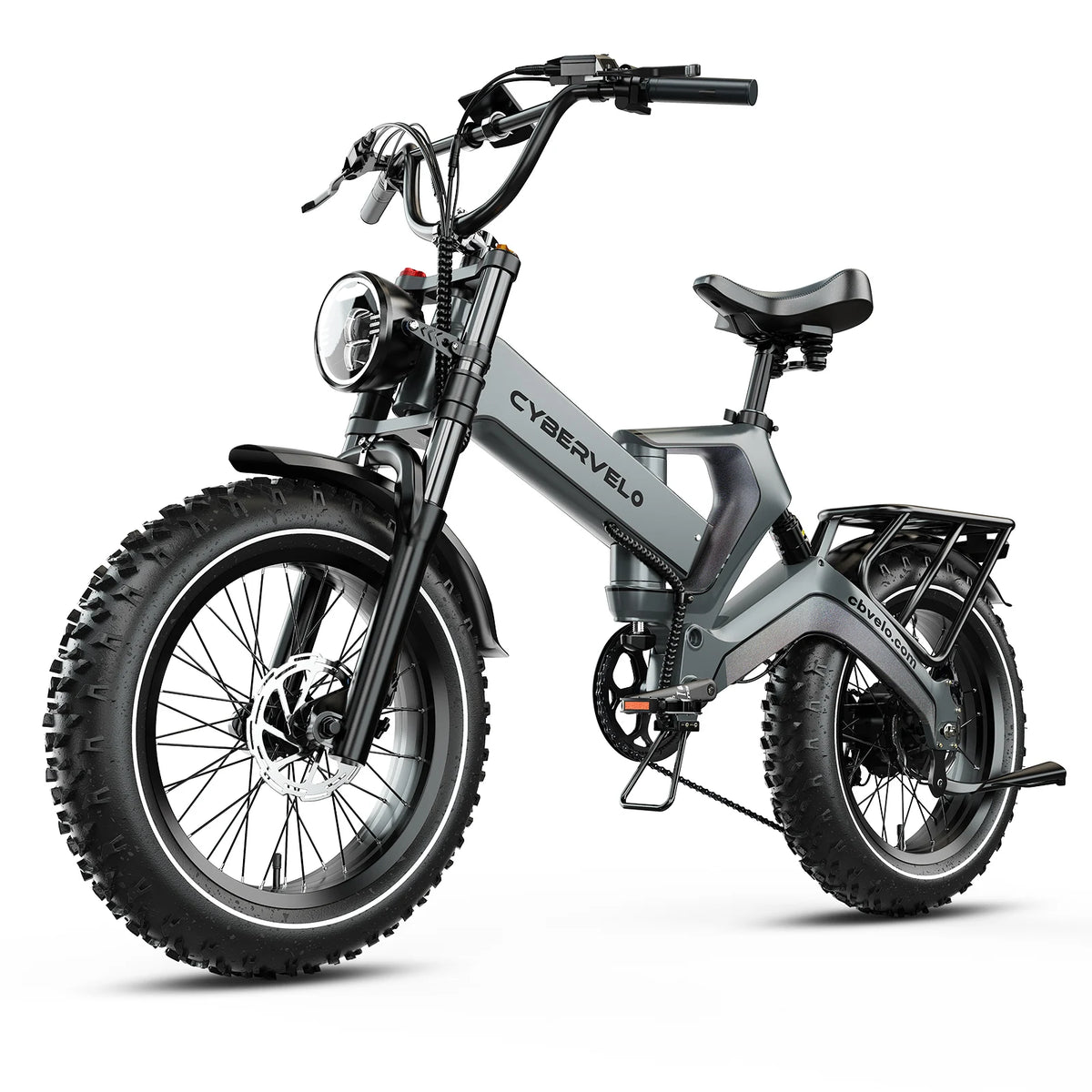 Gray electric bike with 'Cybervelo' branding on a white background