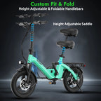 Green electric bike with adjustable handlebars and saddle on a dark background
