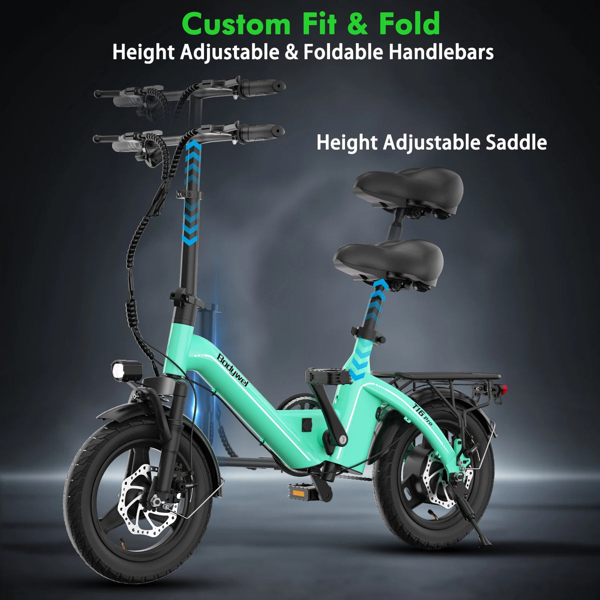Green electric bike with adjustable handlebars and saddle on a dark background