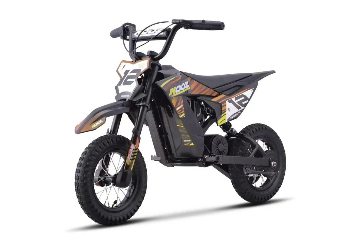 A small electric dirt bike with a black frame and seat, decorated with orange, yellow, and white graphics. It features knobby tires, a front suspension fork, and a headlight assembly, shown on a plain white background.