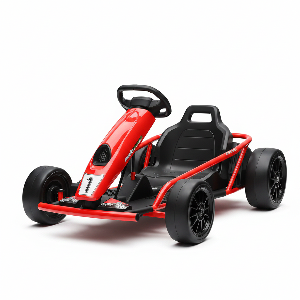 Red and black 24V kids electric go-kart on white background