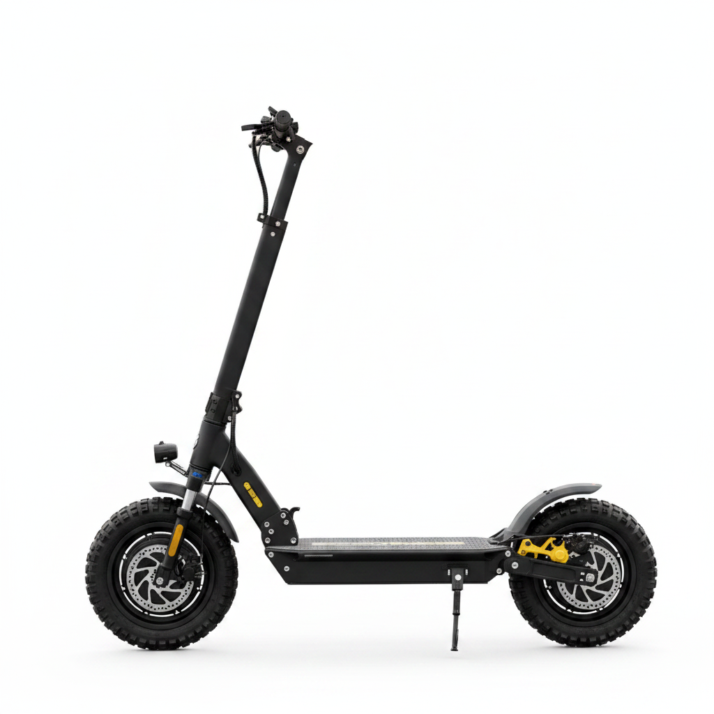 Black EOEOTWO 1200W off-road electric scooter, white background