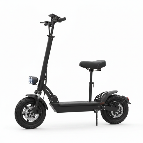L10 Pro 800W electric kick scooter with seat, dual headlights, off-road tires, side profile, white background
