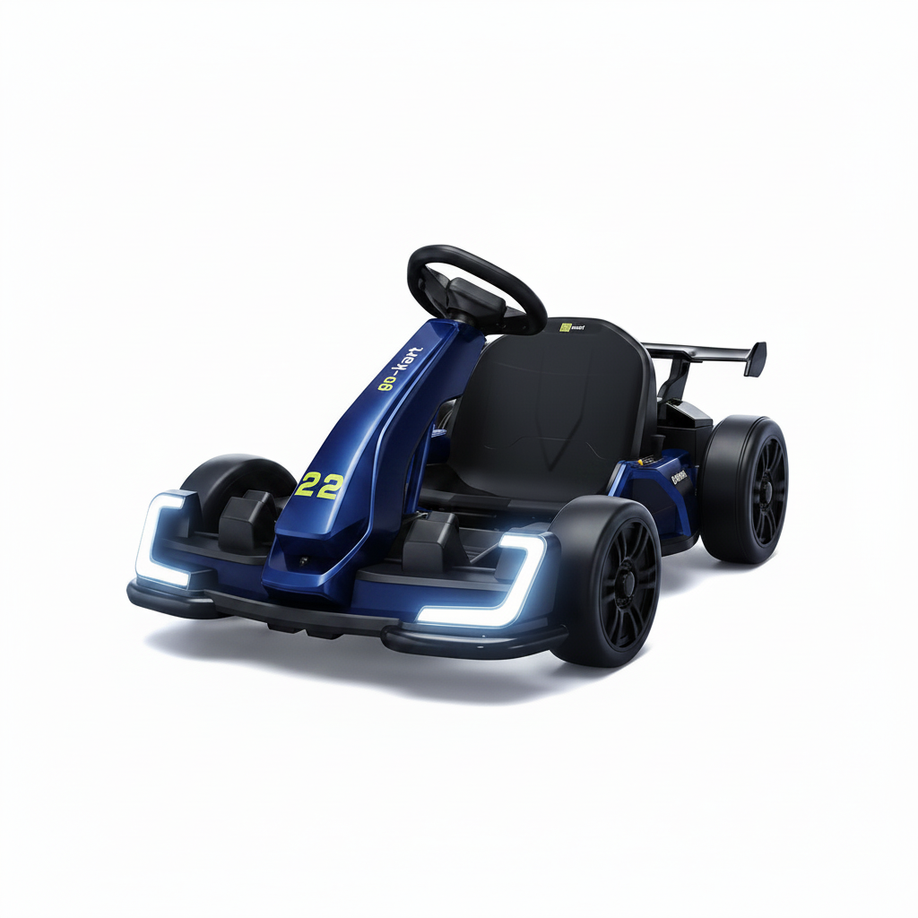 Blue and black 24V kids electric drift go-kart with sport wing spoiler on white background