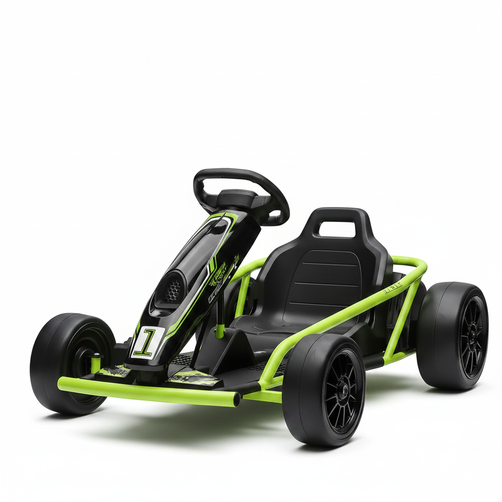 Green and black 24V kids electric go-kart on white background