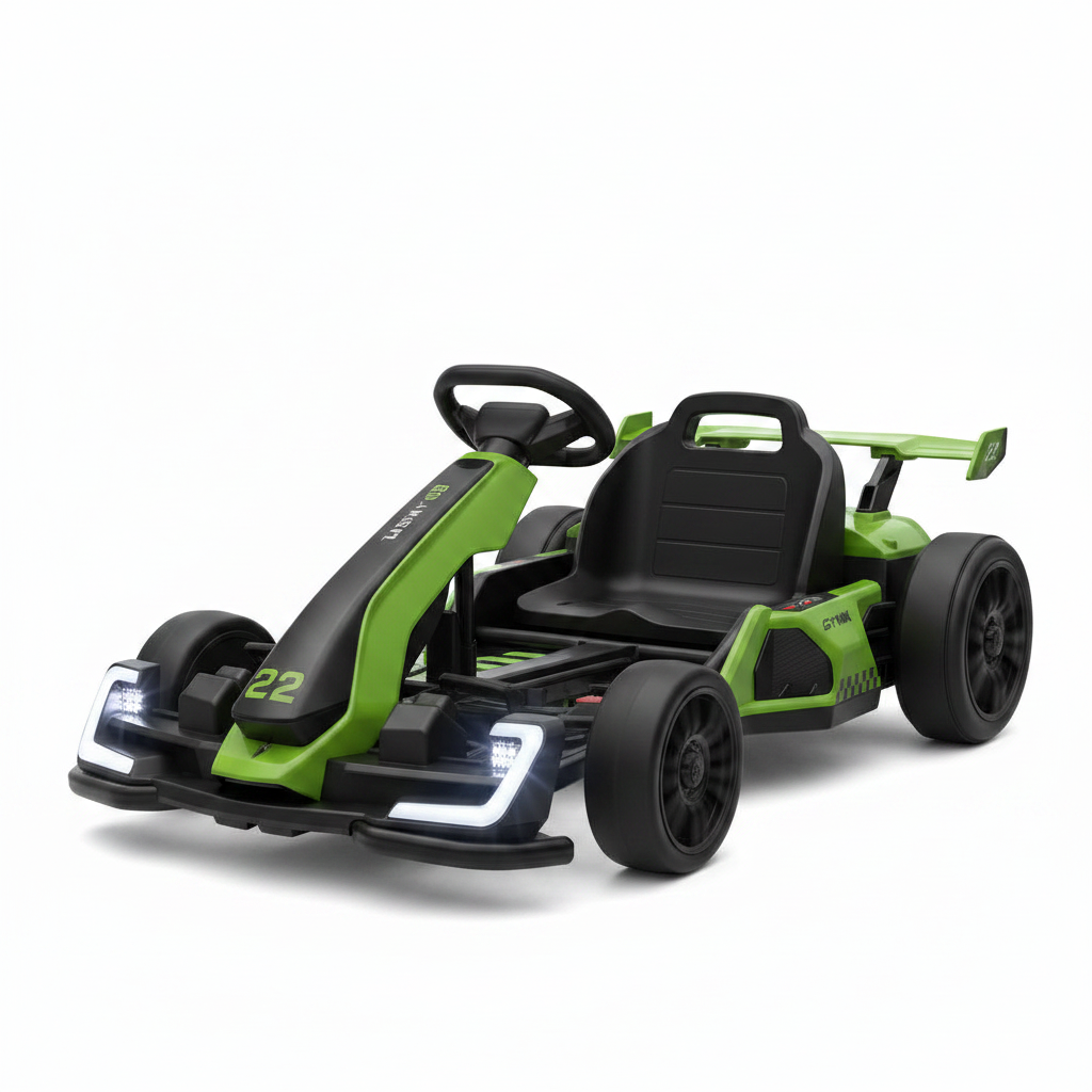 Green and black 24V kids electric go-kart with sport wing spoiler on white background