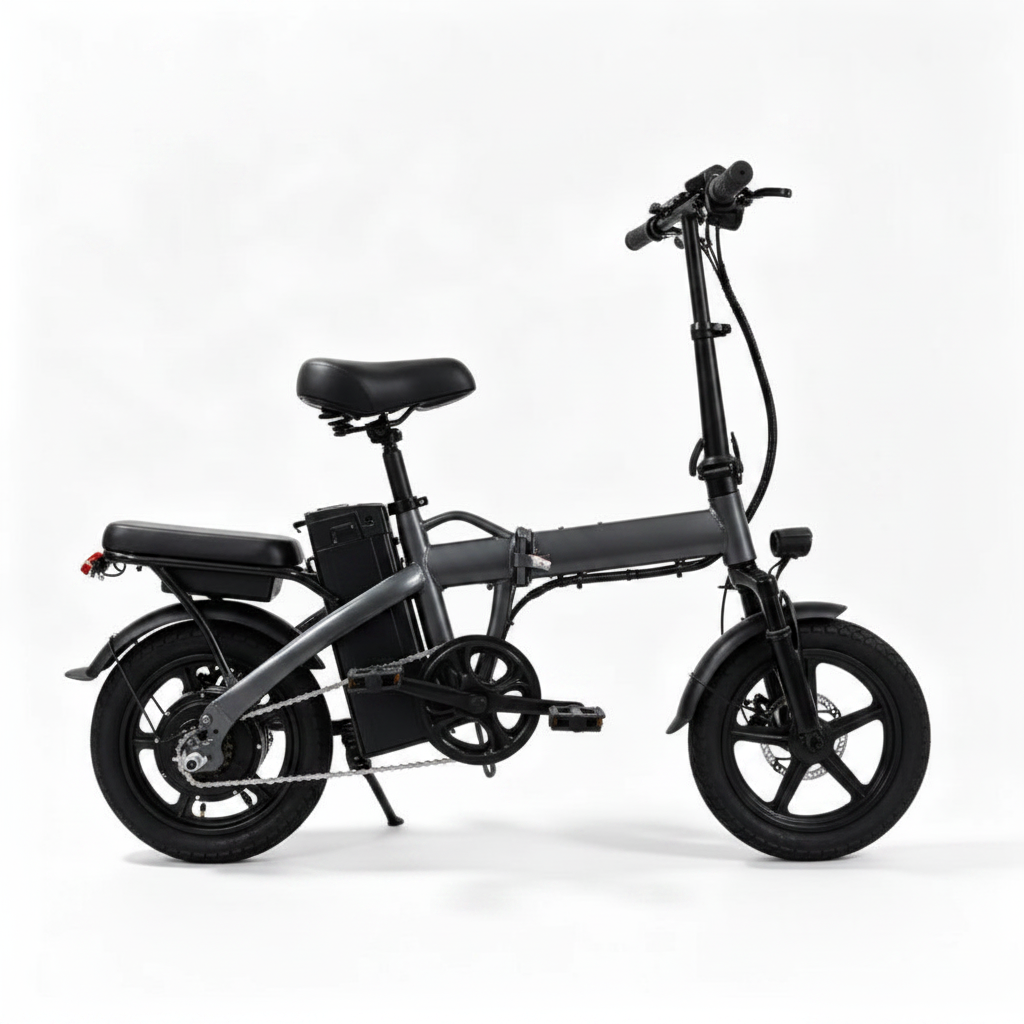 Dark grey ZEFIORA 14-inch folding electric bike, side profile, white background