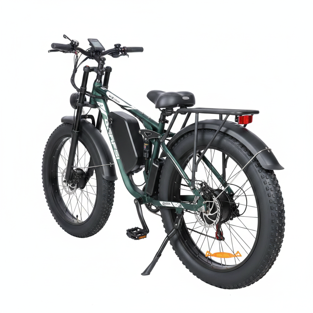 BAOLUJIE DP-2603 green fat tire electric bike, dual motor, full suspension, rear 3/4 angle view, white background