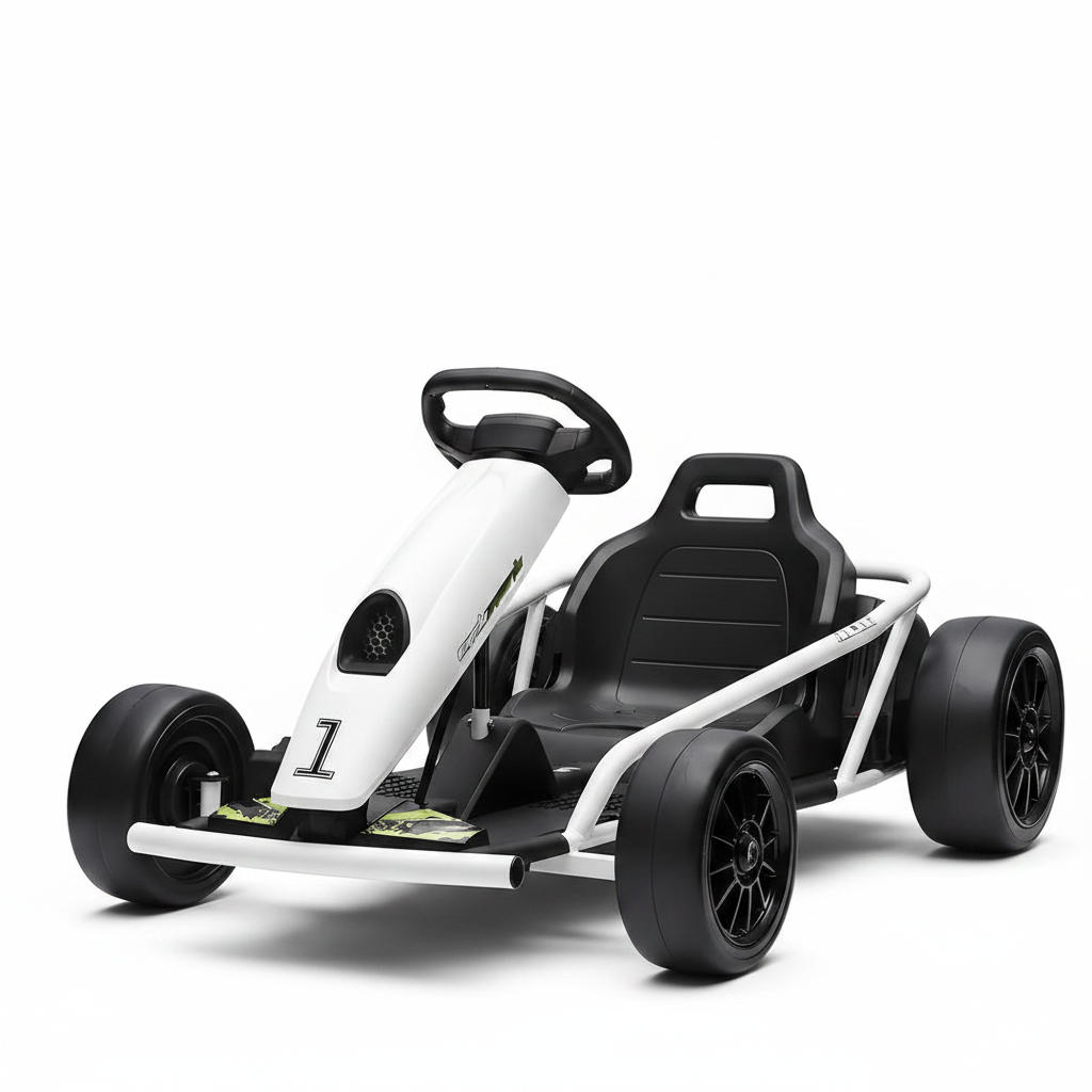 White and black 24V kids electric go-kart on white background