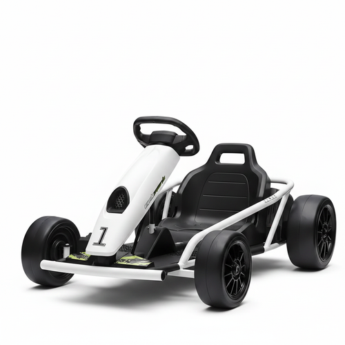 White and black 24V kids electric go-kart on white background