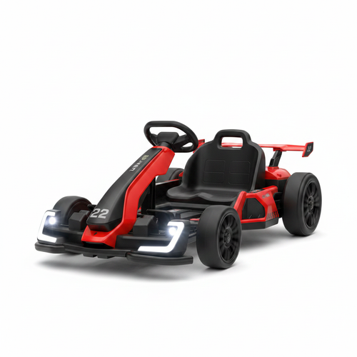 Red and black 24V kids electric go-kart with sport wing spoiler on white background