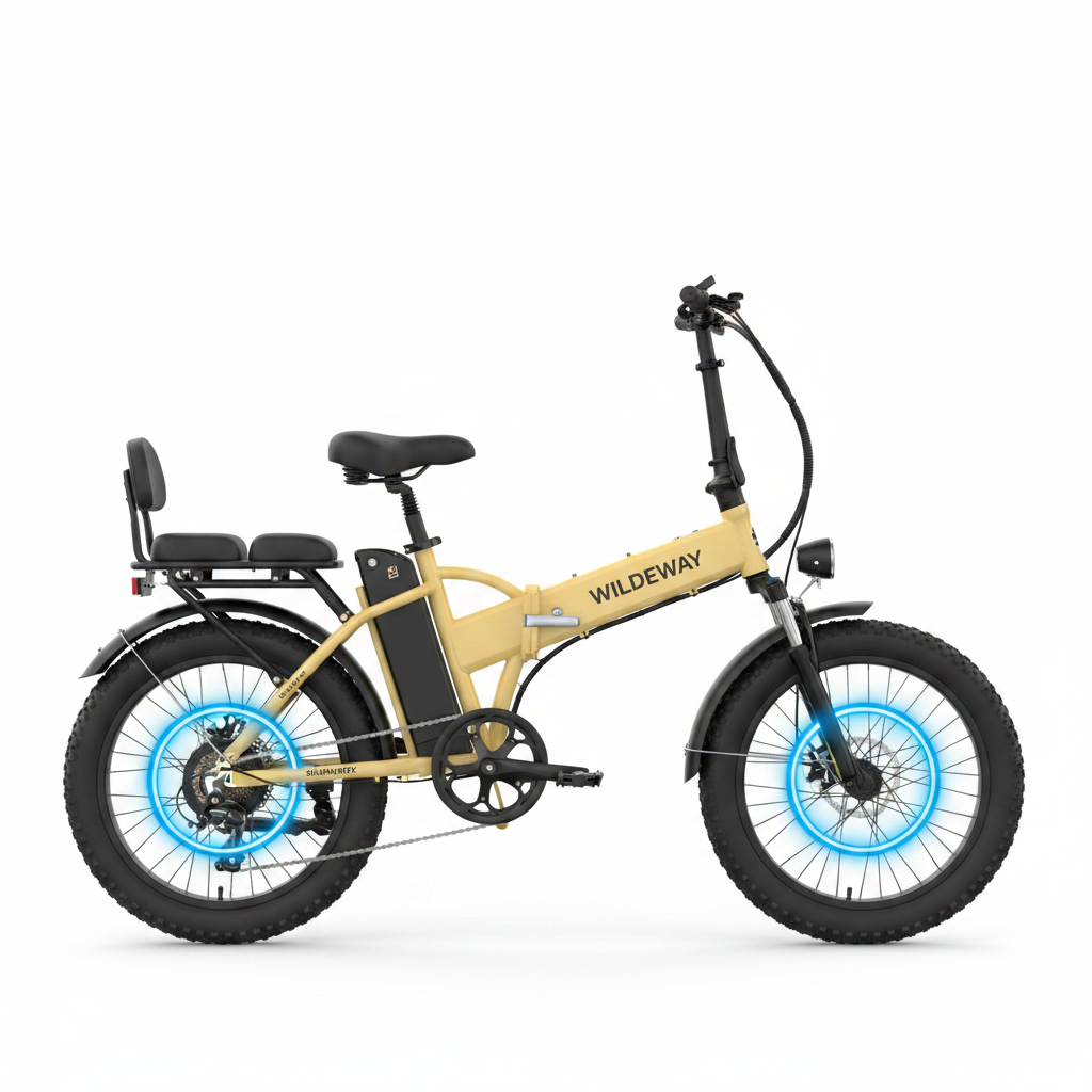 Yellow Wildeway SummitX dual motor folding fat tire electric bike, white background