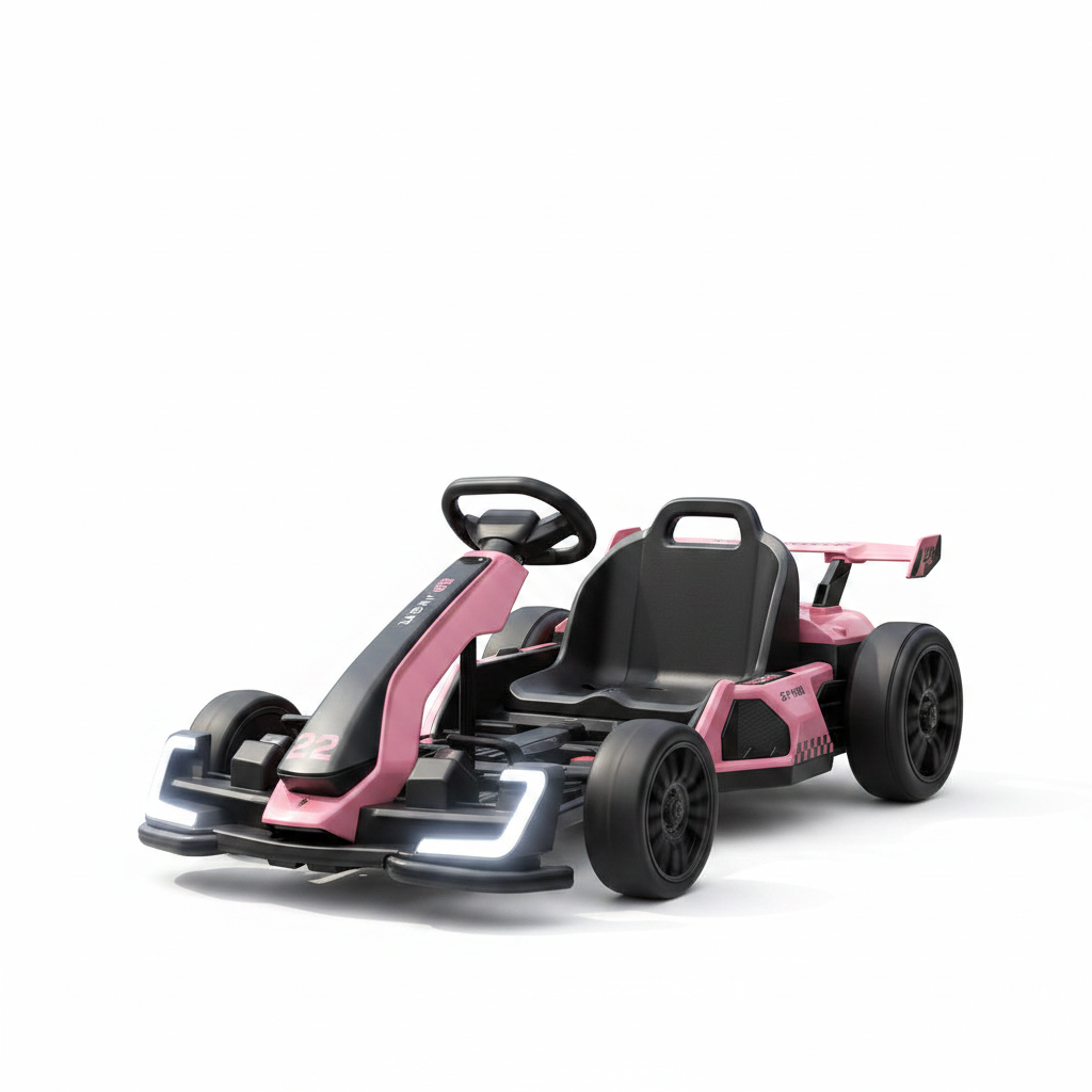 Rose pink and black 24V kids electric go-kart with sport wing spoiler on white background