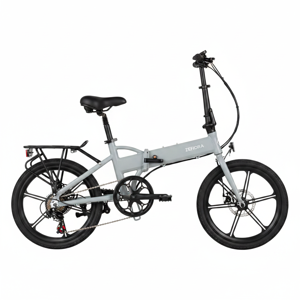 Light grey ZEFIORA 14-inch folding electric bike, side profile, white background