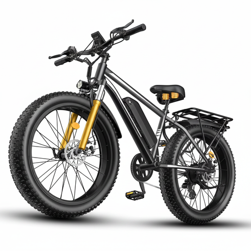 Dark gray OBX EB26 fat tire electric mountain bike with gold fork suspension, white background