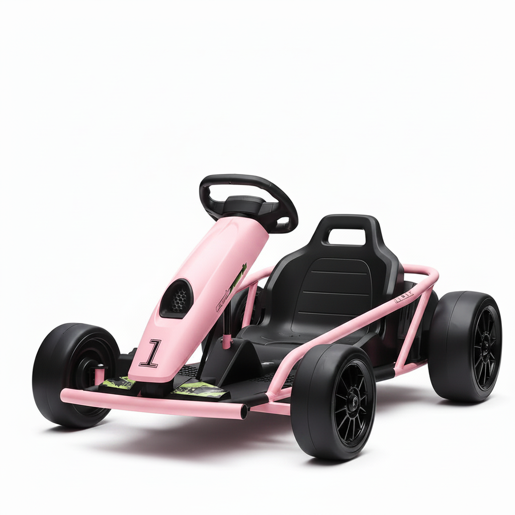 Rose pink and black 24V kids electric go-kart on white background