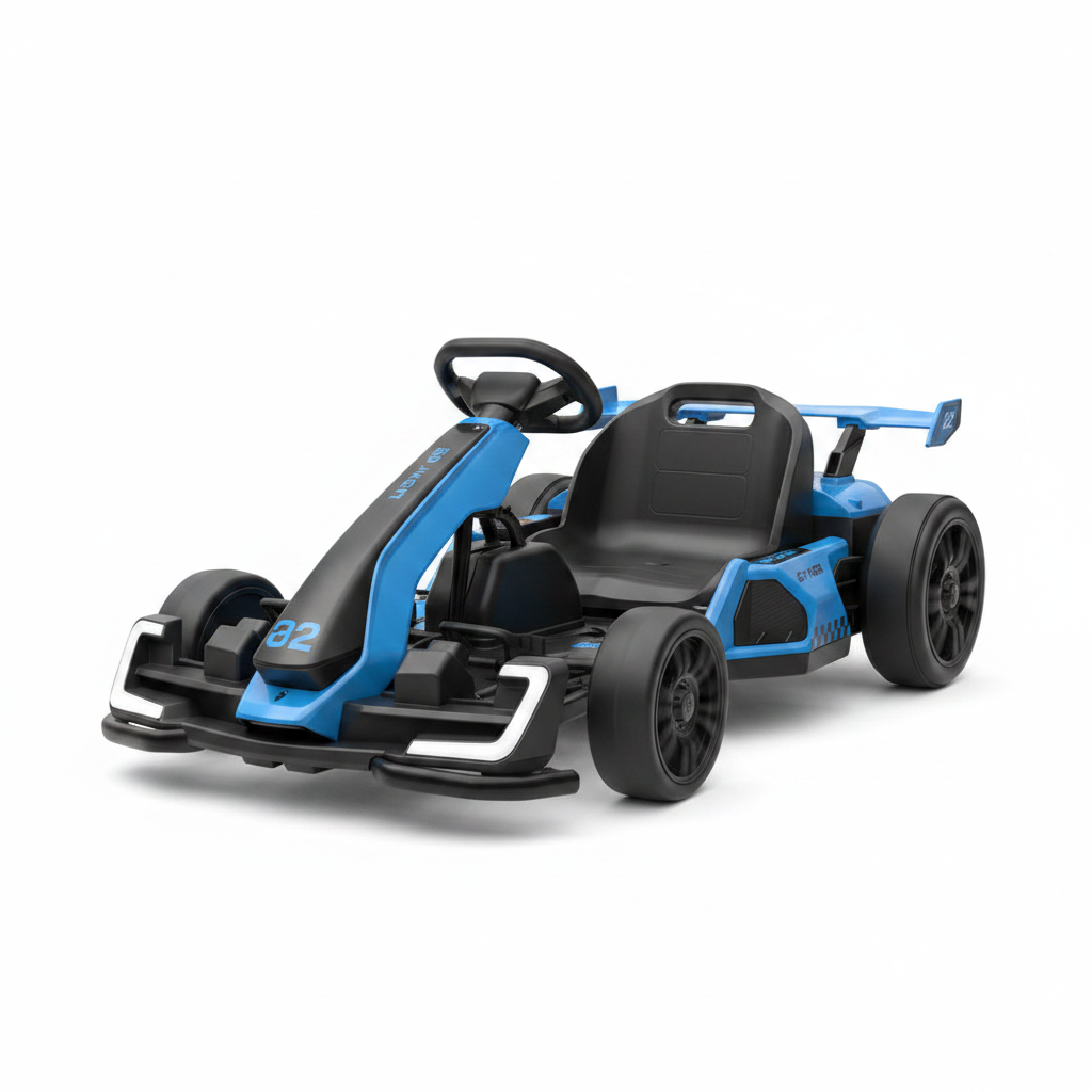 Blue and black 24V kids electric go-kart with sport wing spoiler on white background