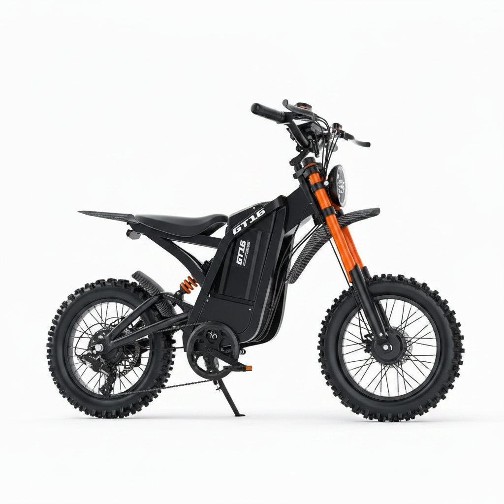 GT16 high-power electric dirt bike, black with orange fork suspension, side profile, white background