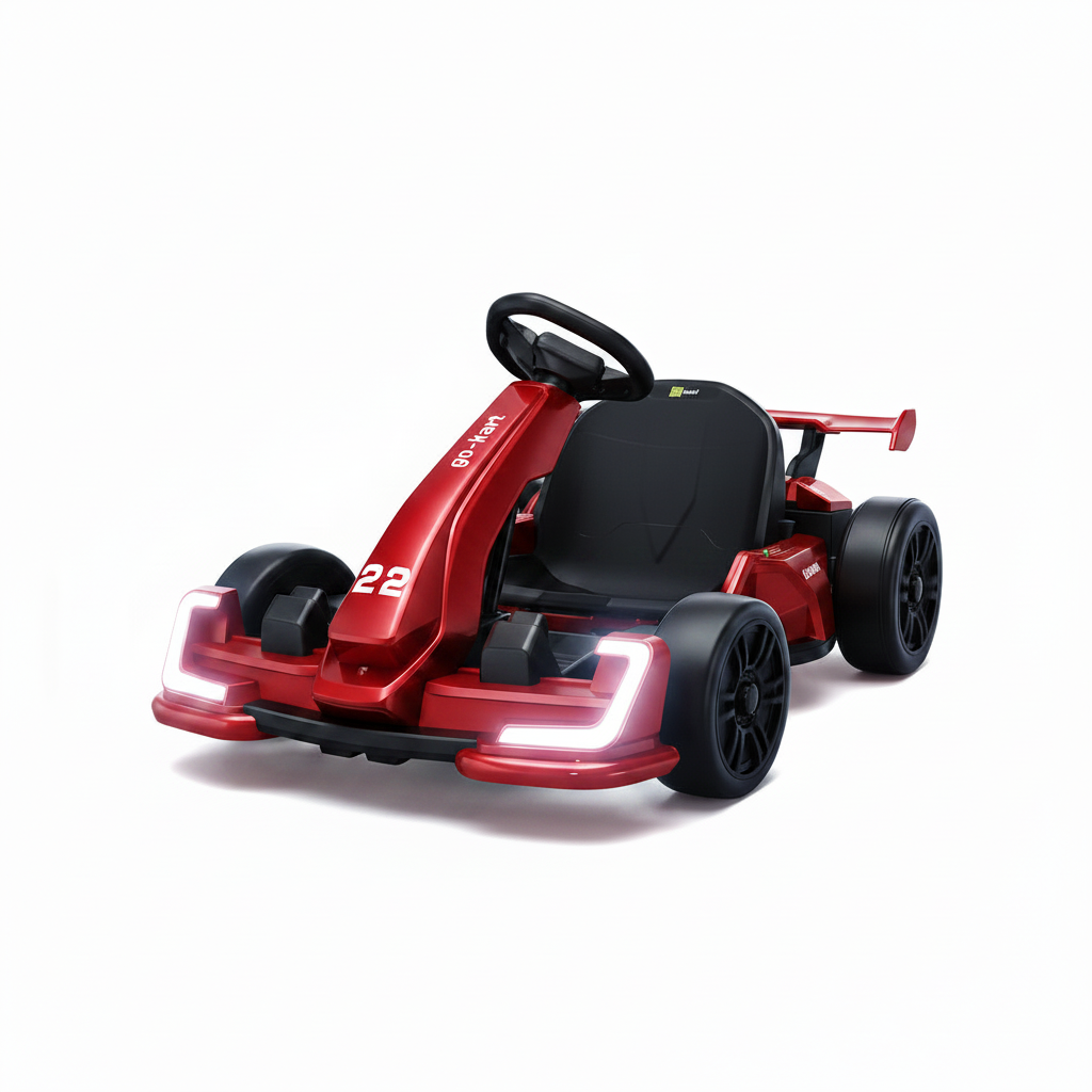 Red and black 24V kids electric drift go-kart with sport wing spoiler on white background