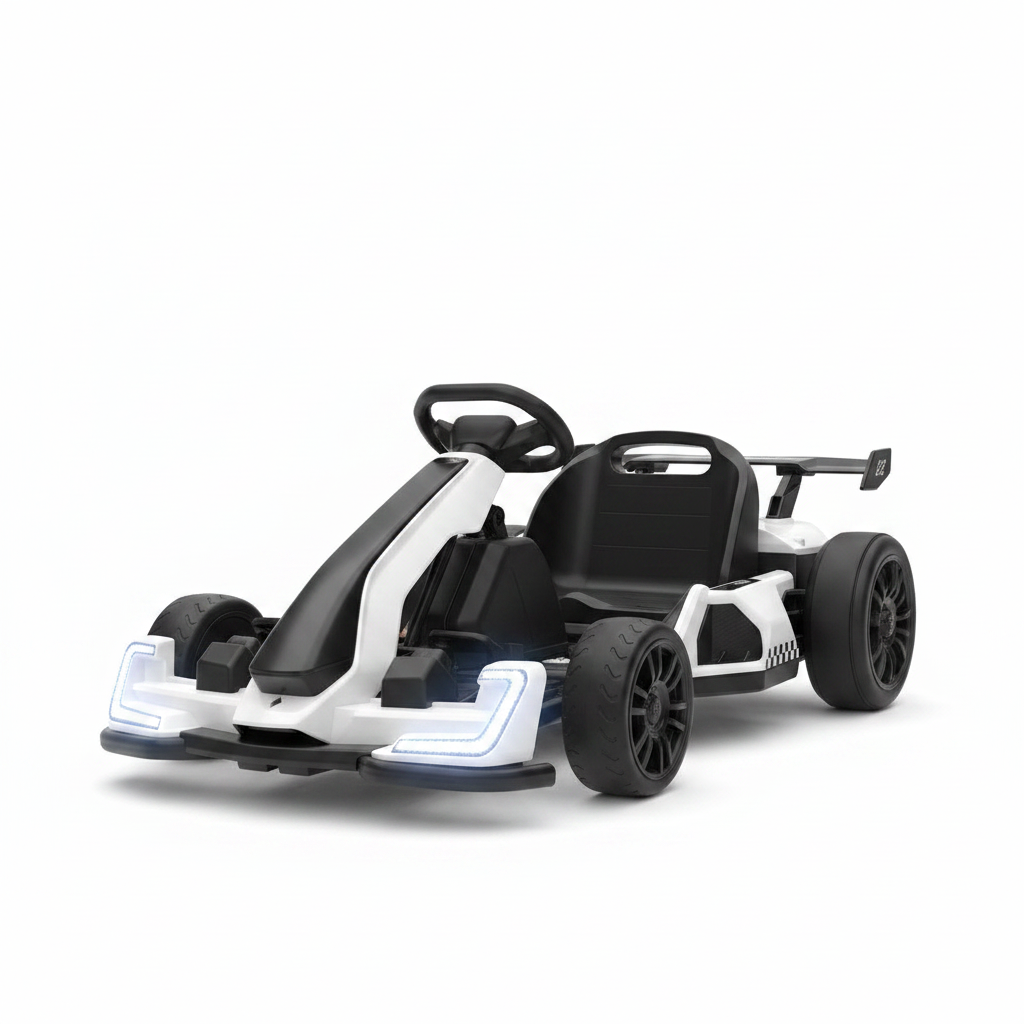 White and black 24V kids electric go-kart with sport wing spoiler on white background